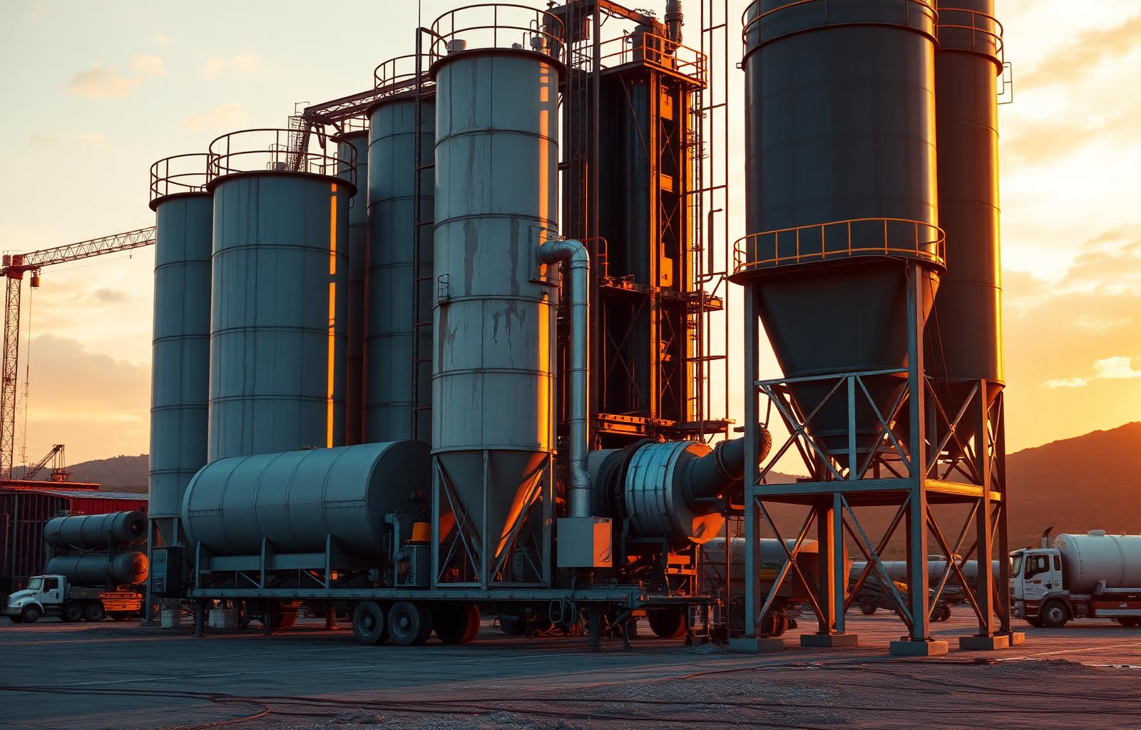 Portable concrete and asphalt batching plant at sunset